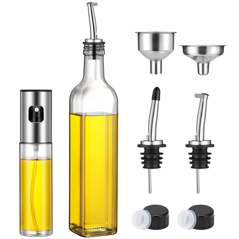 Glass Container with Stainless Steel Spout Olive Oil Dispenser and Oil Sprayer for Cooking Vinegar Cruet Bottle Set