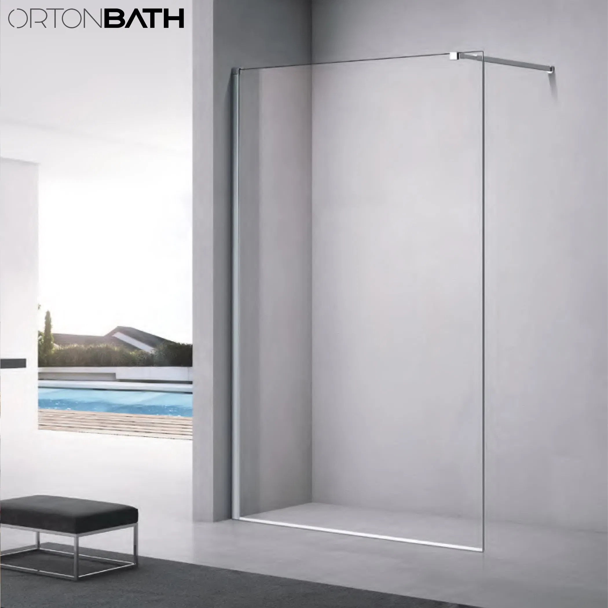 Ortonbath Walk in Single Door Glass Pivot Fixed Frameless Thick Customizable Tempered Glass Bathroom Shower Enclosure Screen with Two Support Bar