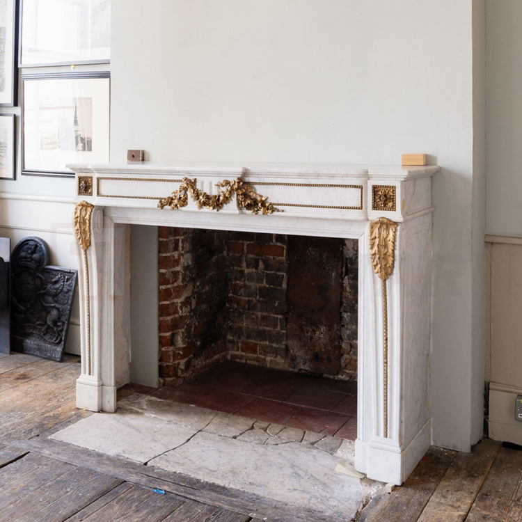 Custom Gold Plated White Marble Fireplace Marble Statue Fireplace Mantel