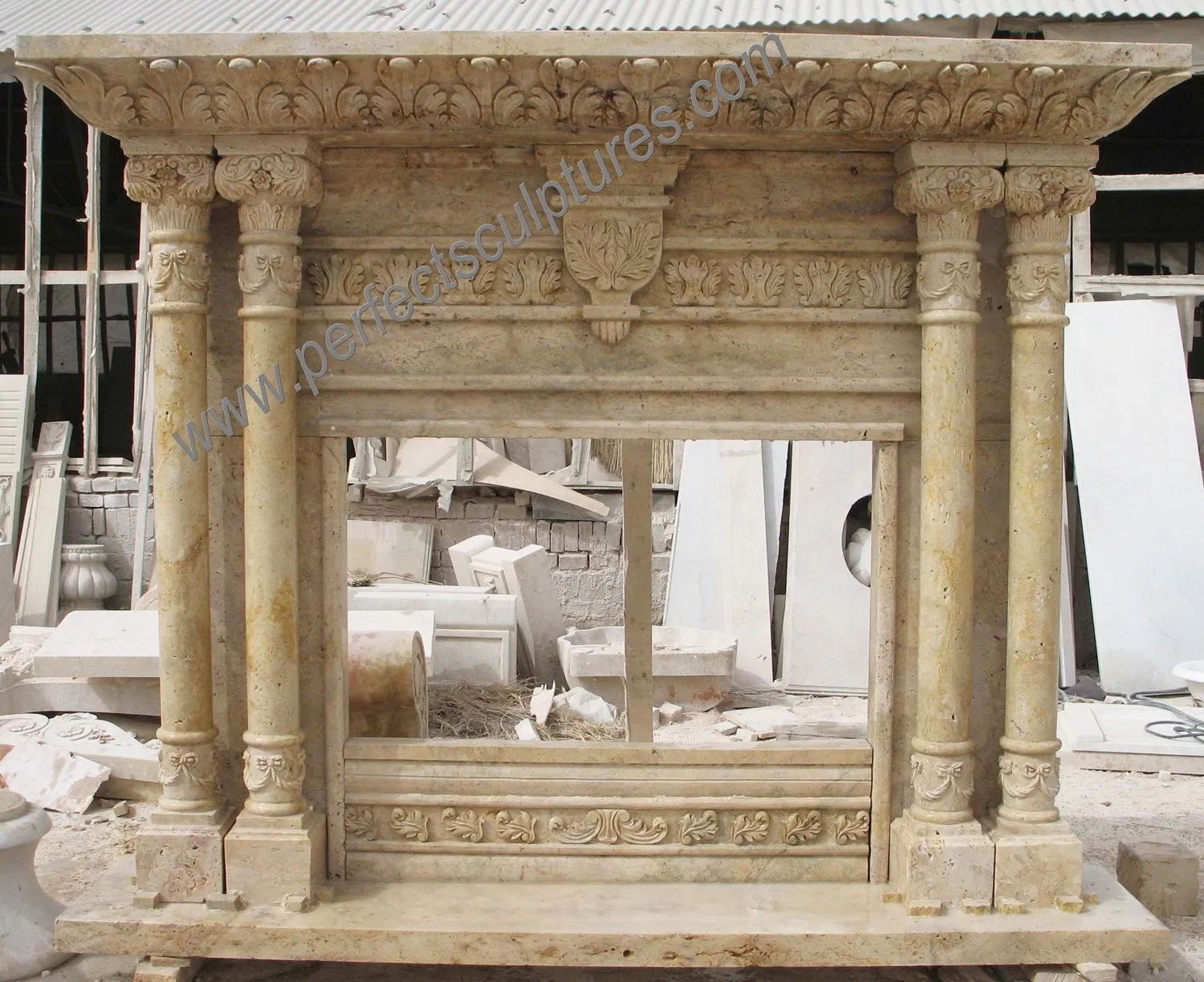 Flower Carving Arch Marble Fireplace Mantel with Roman Column (QY-LS614)