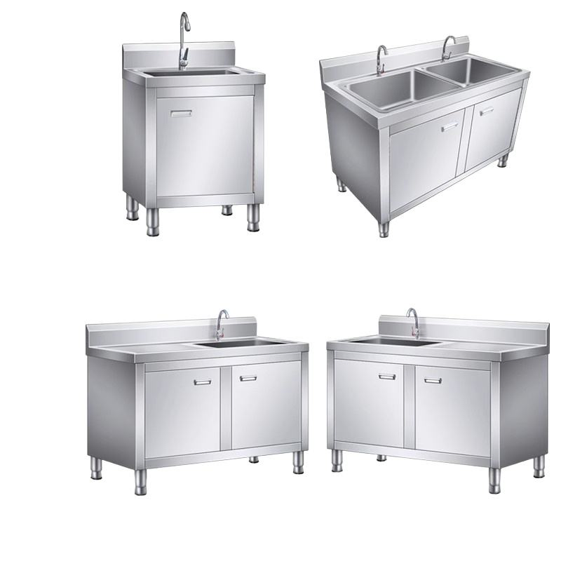 Commercial Kitchen Counter with Integrated Sink and Stainless Steel Cabinet
