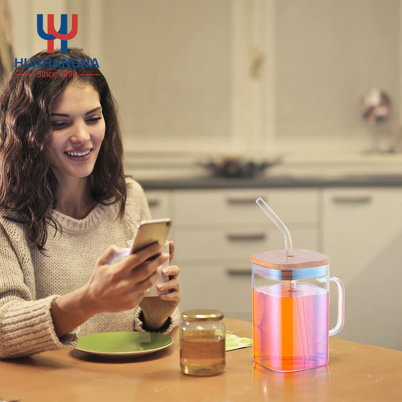 4 Pack Water Drinking Cup Clear Mason Jar 20 Oz High Borosilicate Colored Square Glass