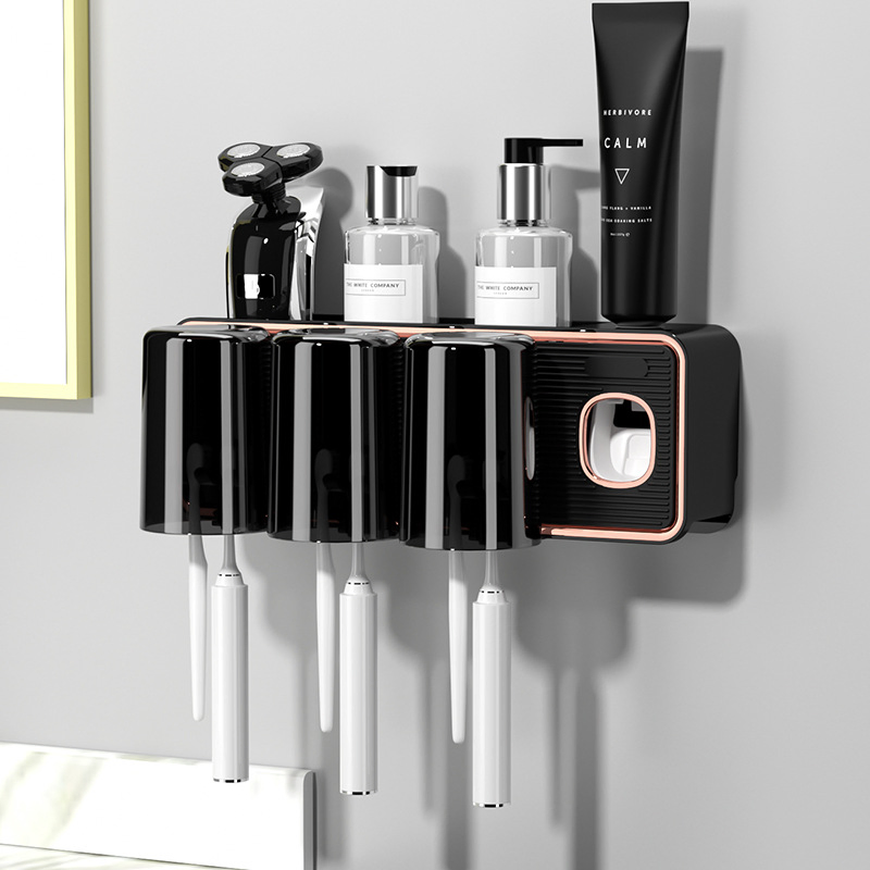 Wall-Mounted Punch-Free Toothbrush Holder, Mouthwash Cup, Automatic Toothpaste Dispensing Rack, Storage Rack