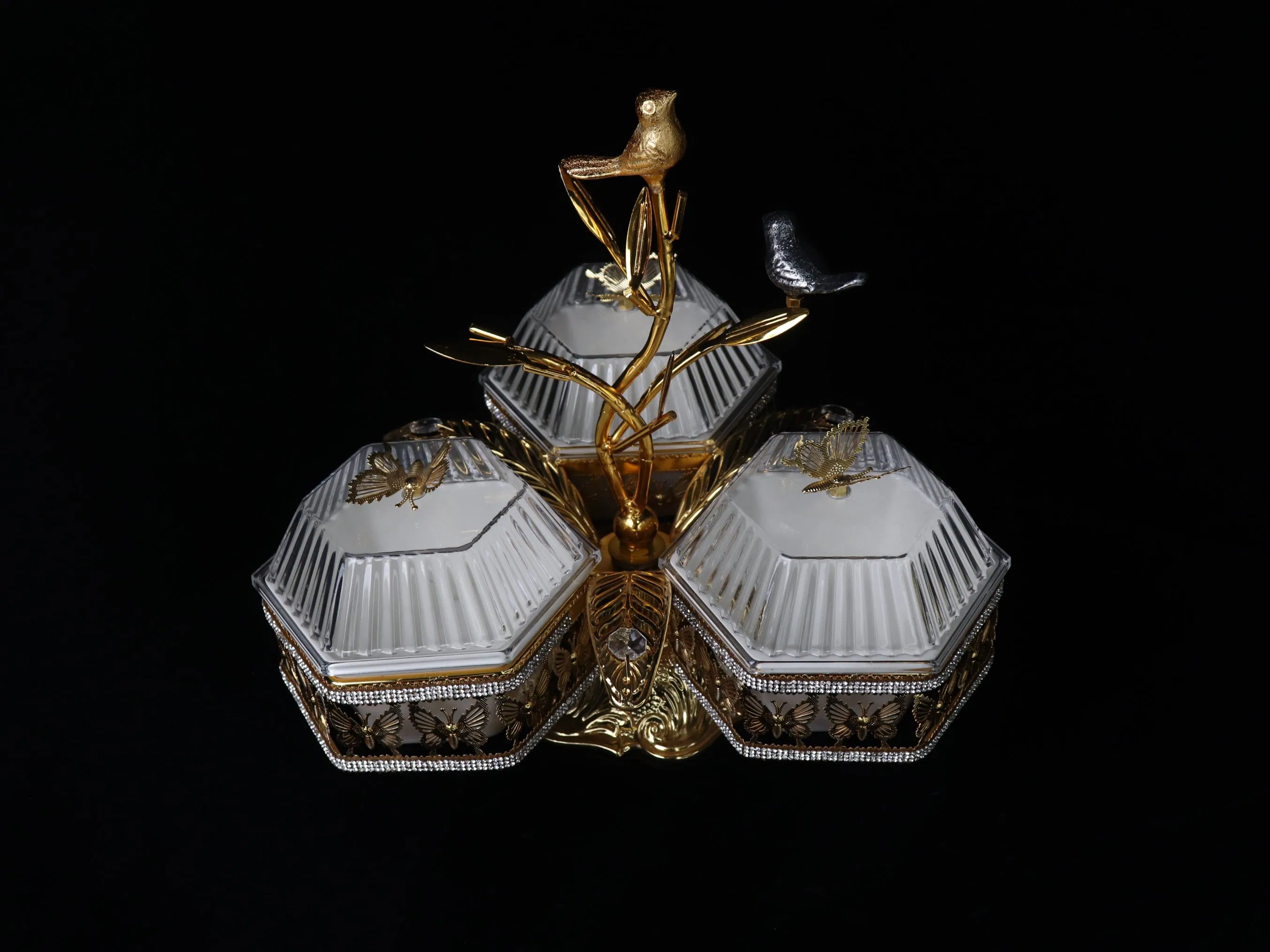 Home Ornament Gold-Plated Iron Frame with 3 Hexagonal Plastic Bowl Sets