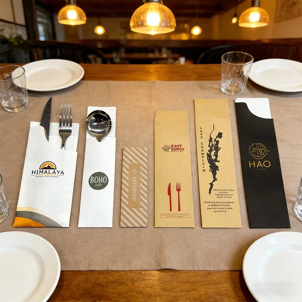 Custom Printing Eco-Friendly Restaurant Fork Knife Spoon Cutlery Paper Bag with Napkin