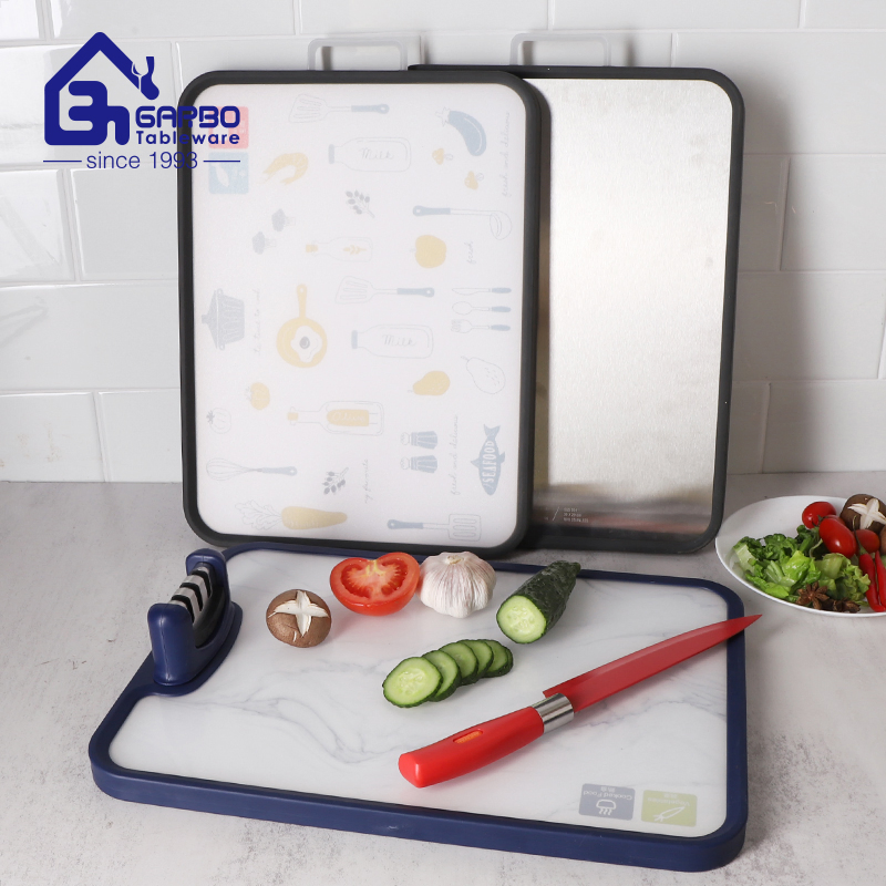 Stainless Steel Cutting Board for Kitchen PP TPR Metal Material Chopping Board with Pretty Designs Knife Holder Sharpener Kitchenware