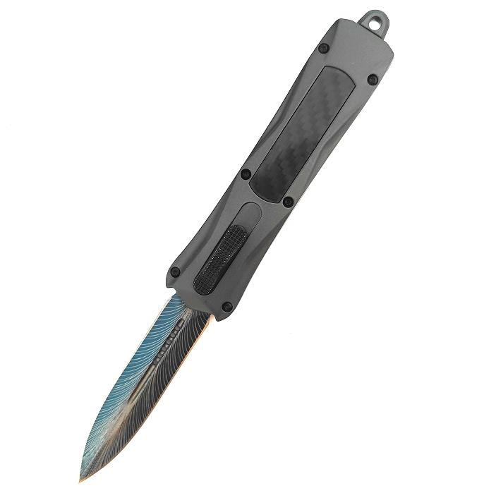 Grey Color Handle Otf-Carbon Fiber Push Button Fast Deploy Automatic Knife