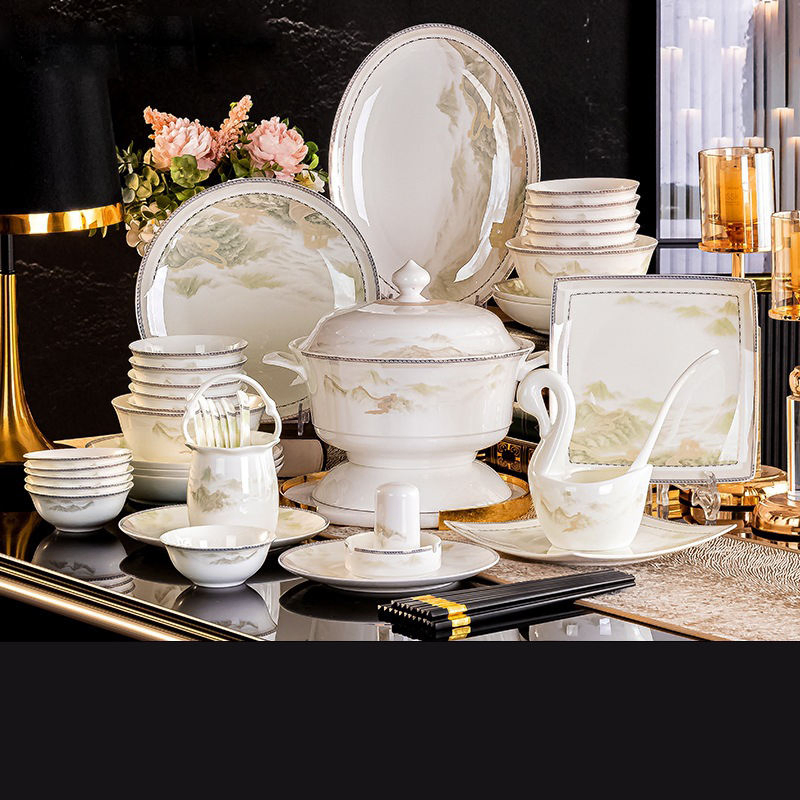 Elegant Landscape Pattern High-End Dinner Sets White Gold Ceramic Bowls