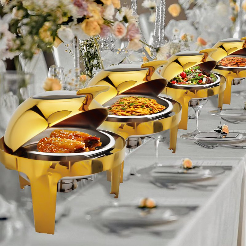 Daosheng Good Price New Design Restaurant Hotel Stainless Steel Roll Top Round Food Warmer Buffet Stove Chafing Dish