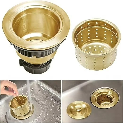 3-1/2 Inch Gold Kitchen Sink Drain Strainer with Removable Deep Basket & Water Stopper Sealing Lid