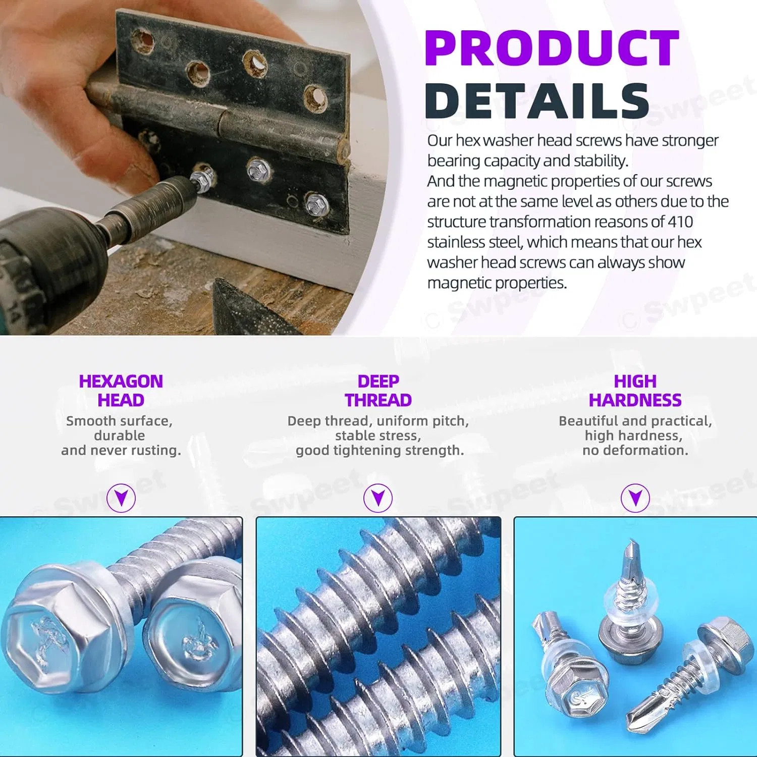 Hex Washer Head Self Drilling Screws with Stainless Steel #14 X 3/4" Neoprene EPDM Bonded Sealing Washers Gasket Kit, Self Tapping Sheet Metal Tek Screws