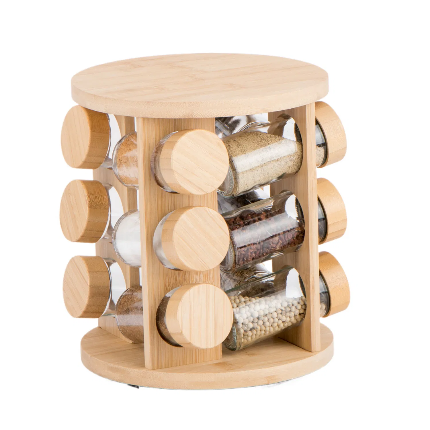 12PCS Round Glass Spice Jar Set Spice Shaker with Bamboo Lid and Round Rotating Bamboo Stand