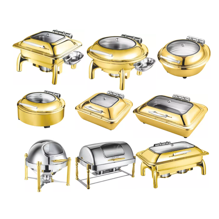 Luxury Stainless Steel Buffet Gold Color Wedding Stainless Steel Brass Serving Chef Chafing Dish Food Chaffing Dishes Copper Gold Buffet Set Pan Warmer for Sale