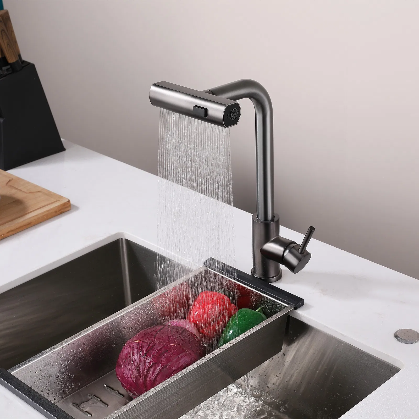 2024 Newest Design SUS 304 Stainless Steel Waterfall Rainfall Faucet Pull out 3 Function Spray Kitchen Mixer Faucet