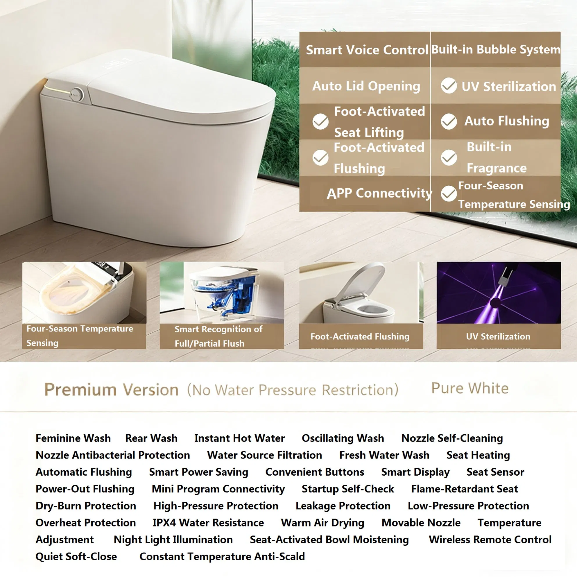 Automatic Smart Toilet with Integrated Sterilization, Self-Closing Lid, Instant Heating, Water Pressure-Free Design, and Built-in Foam Shield