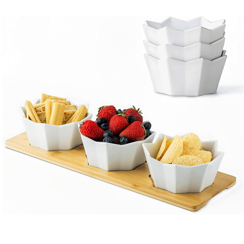 3-Section Ceramic Serving Tray Set with Bamboo Board Appetizer, Snack, DIP & Starter Platter for Parties, Holidays, Weddings