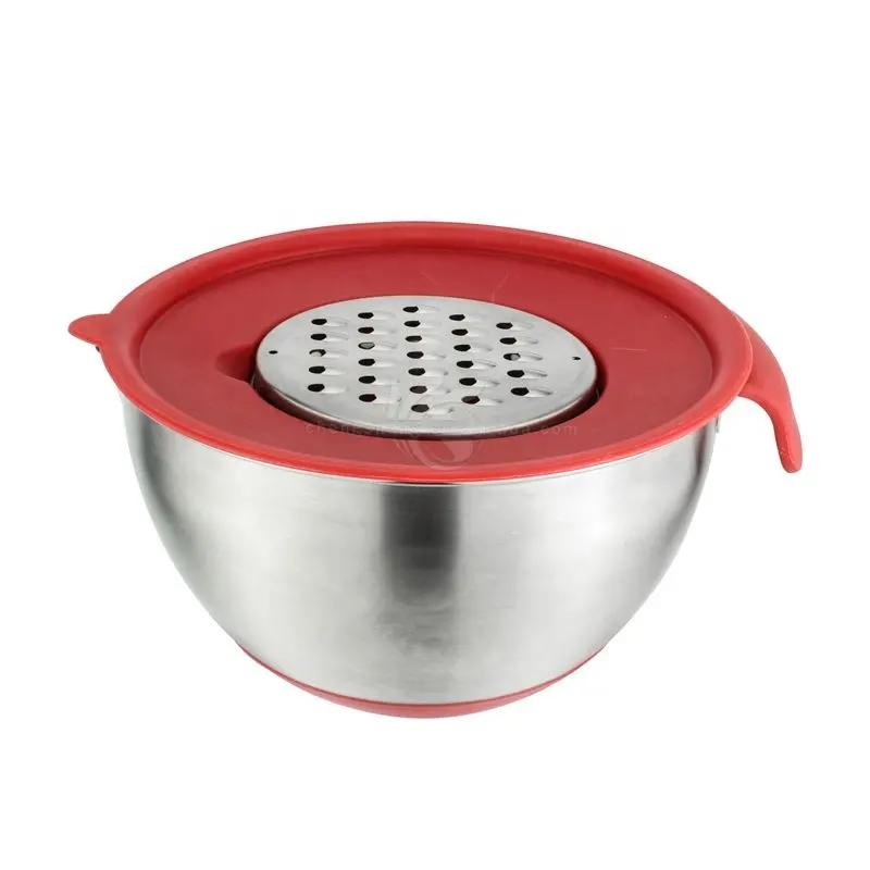 Kitchenware 3PCS Salad Bowl Stainless Steel 304 Mixing Bowl with PE Lid and Silicone Handle