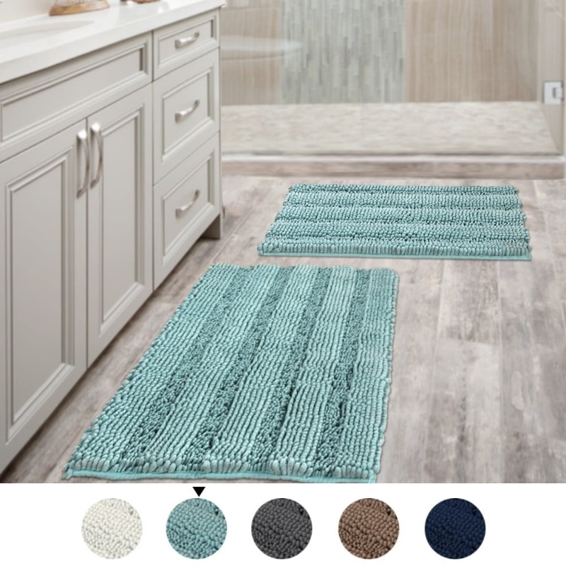 Chenille Super Thick Striped Bath Rug Slip-Resistant Absorbent Mat 2PCS Bathroom Set