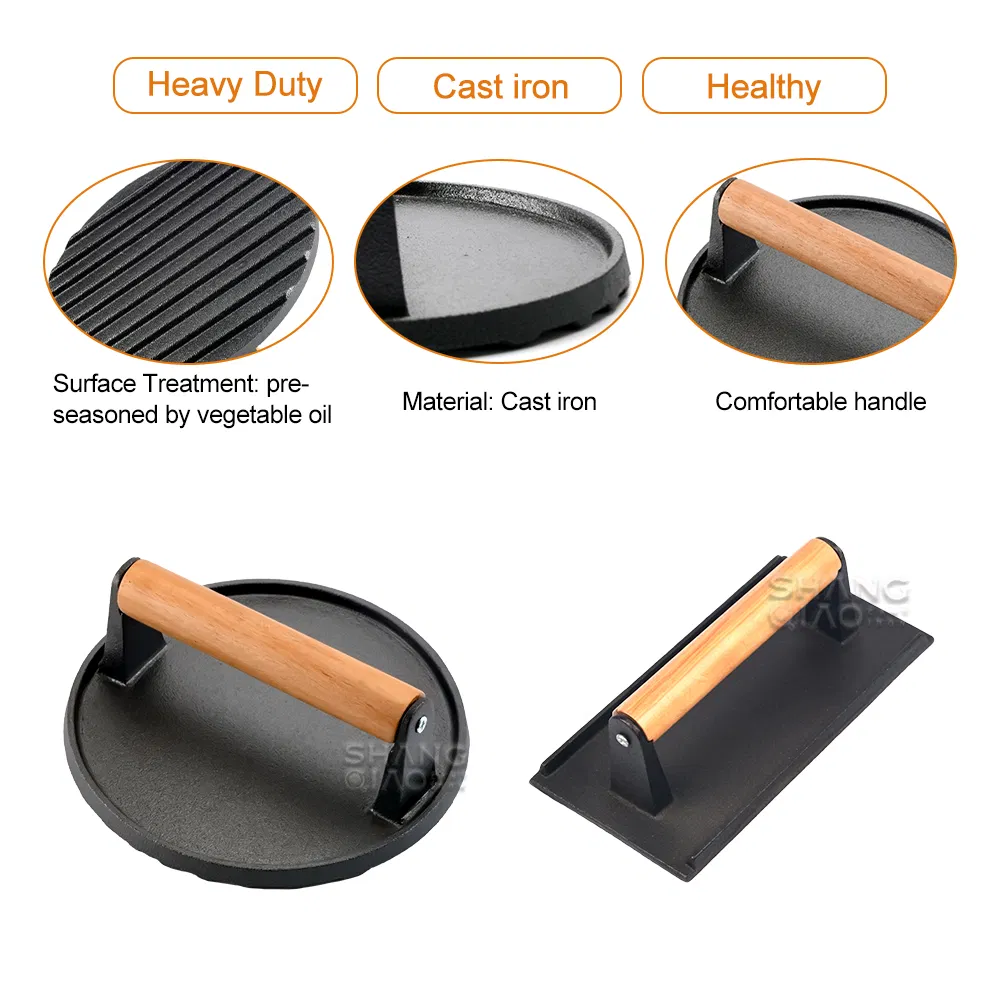 Pre-Seasoned Cast Iron Bacon Press with Wooden Handle Cast Iron Grill Press