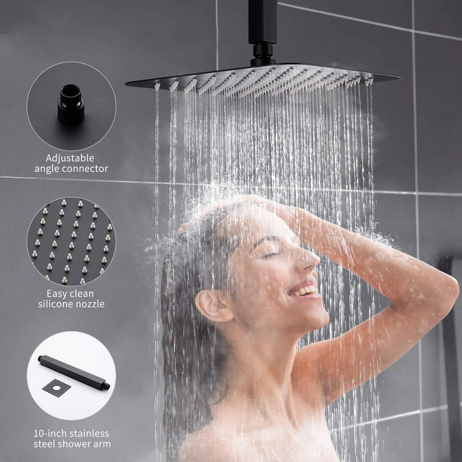 Contemporary Black Shower System- 16 Inches Ceiling Shower Faucet Set with Square Rain Shower Head