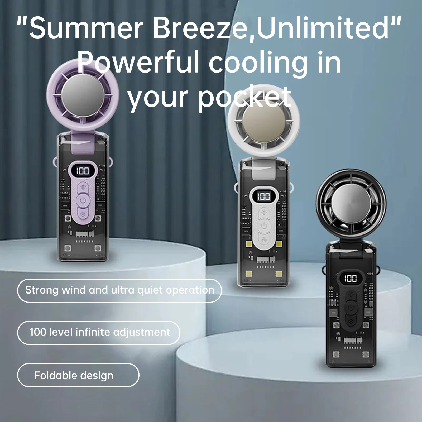 Aspor A758 100-Speed Semiconductor Cooling Fan Portable Handheld Fan Foldable Personal Fan with 3600mAh Battery LED Display