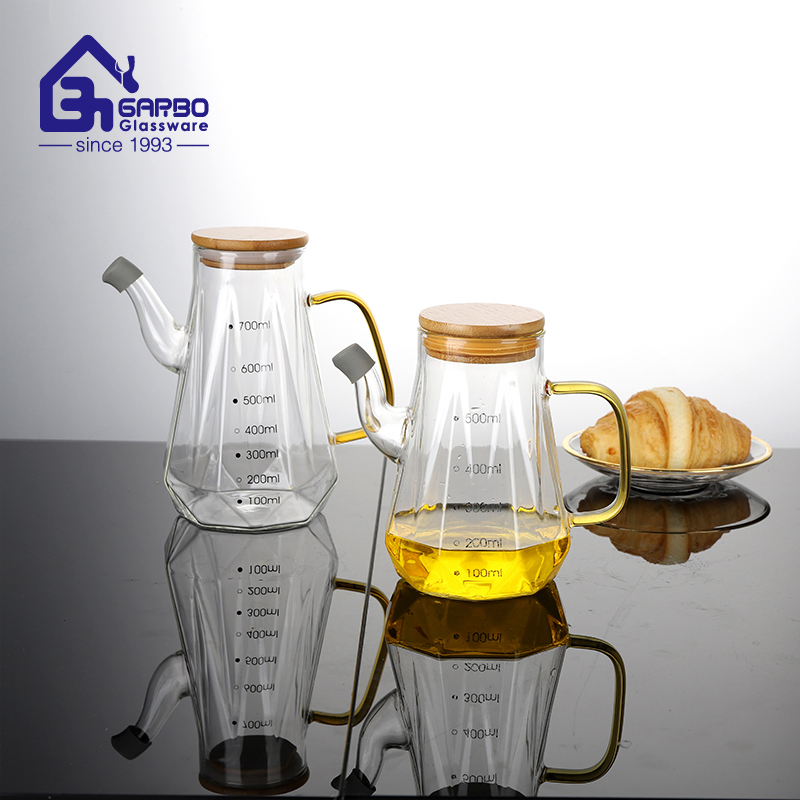 Glass Oil Jug with Handle and Bamboo Lid Glasses Condiment Jar Olive Oil Kitchen Glassware Set