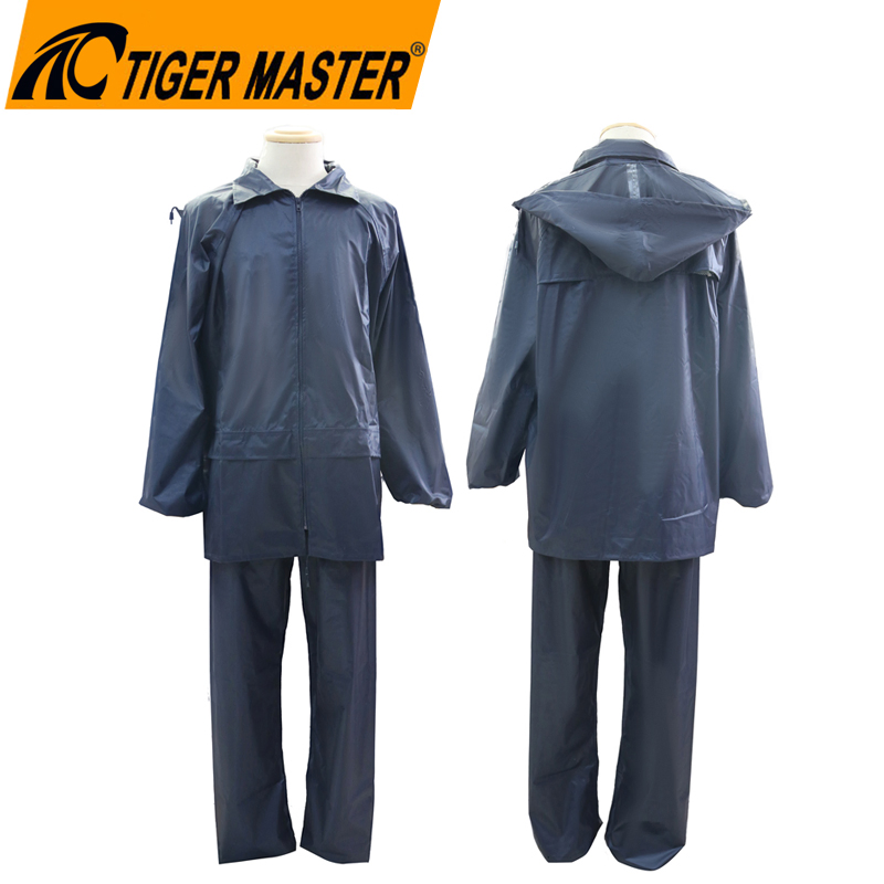 Navy Blue Waterproof Polyester PVC Coating Raincoats Custom Logo Two Pieces Oil Resistant Men Working Rainsuit