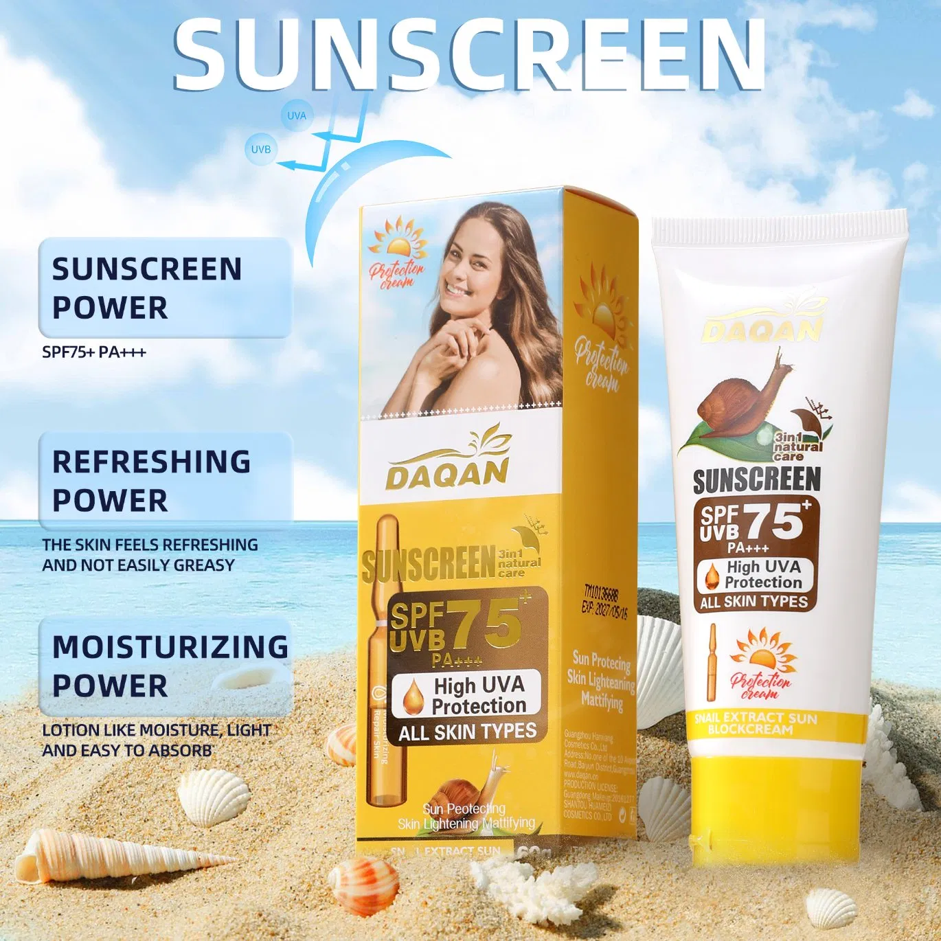 Daqan Anti-Oxidant SPF75 Sweat Resistant Snail Face Body Cream Sunscreen