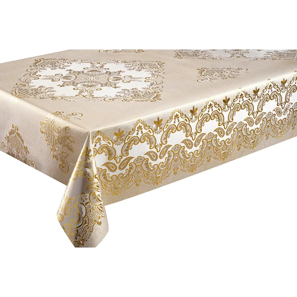 Golden Silver Grounding with Polyester Fabric Backing Embossed Table Cover