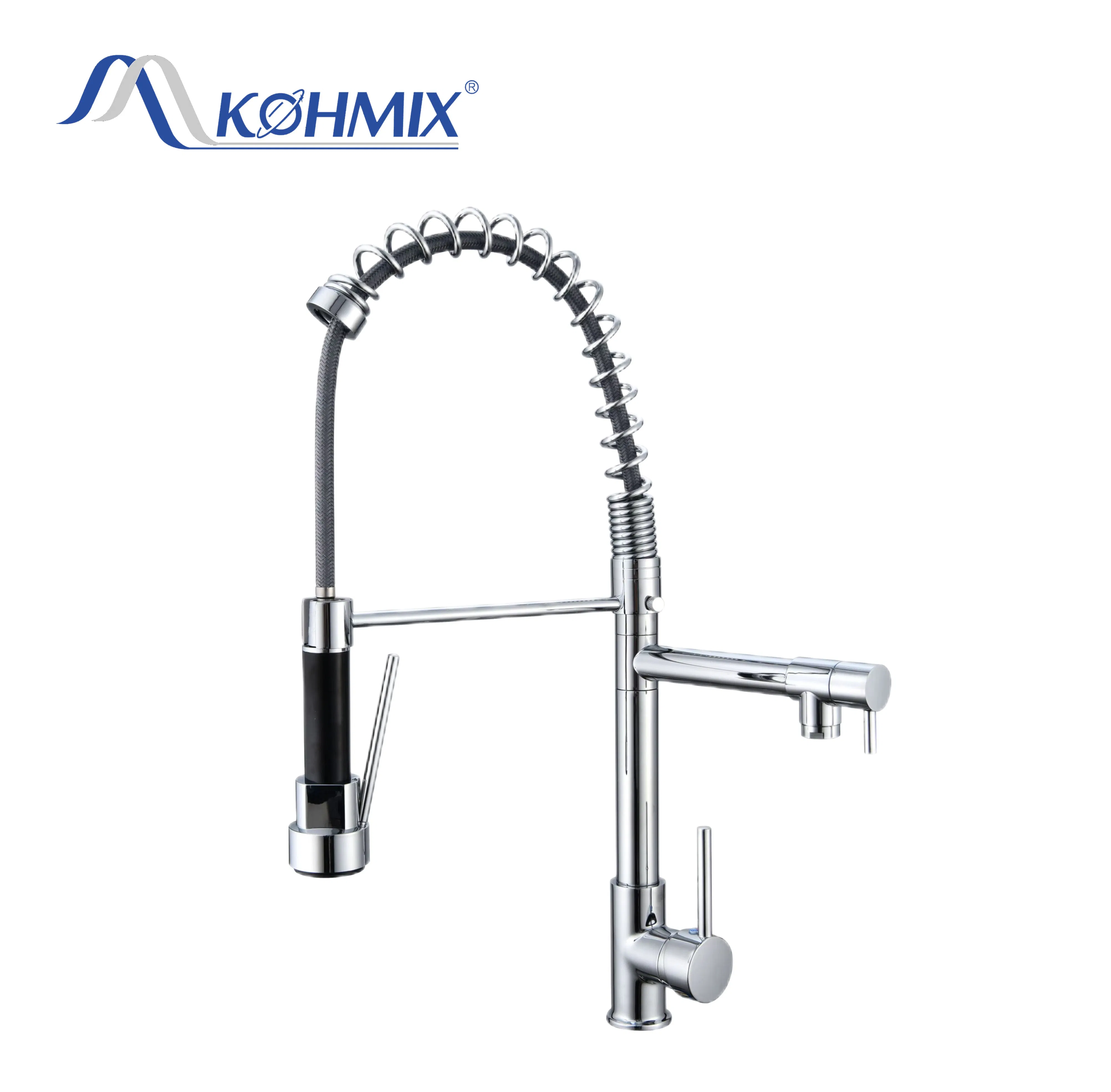 Kohmix SUS304 Chrome Silver Kitchen Sink Faucet 360 Flexible Pull out Spray Kitchen Faucet