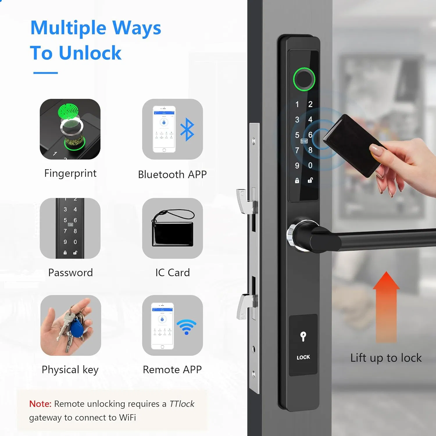 Home Security Slim Fingerprint Pin Code IC Cards Smart Lock for Sliding Glass Door, Waterproof with Hook, WiFi Tuya Ttlock APP Control Digital Keypad and Handle