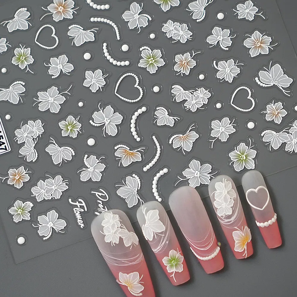 White Cartoon 5D Butterfly with Flowers Grass Custom 3D Manicure Nail Art Sticker Self-Adhesive Decals