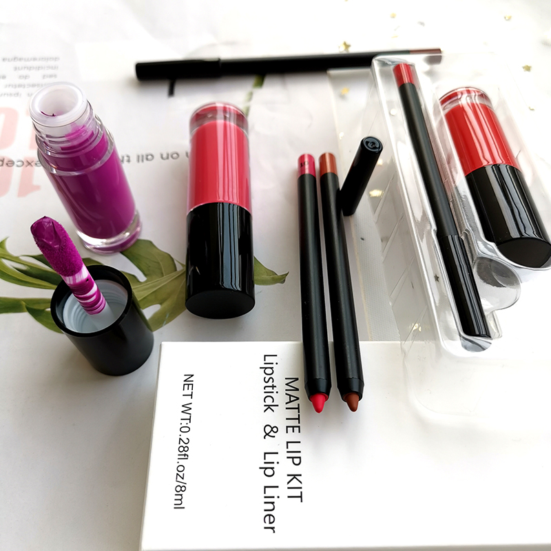 Makeup Kit Private Label Cruety Free Vegan Liquid Lipstick Glossy Pigmented Lip Liner and Lip Stick Set Custom Logo
