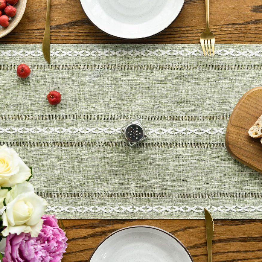 Sage Green Rustic Cotton Linen Table Runner for Home Party Decor