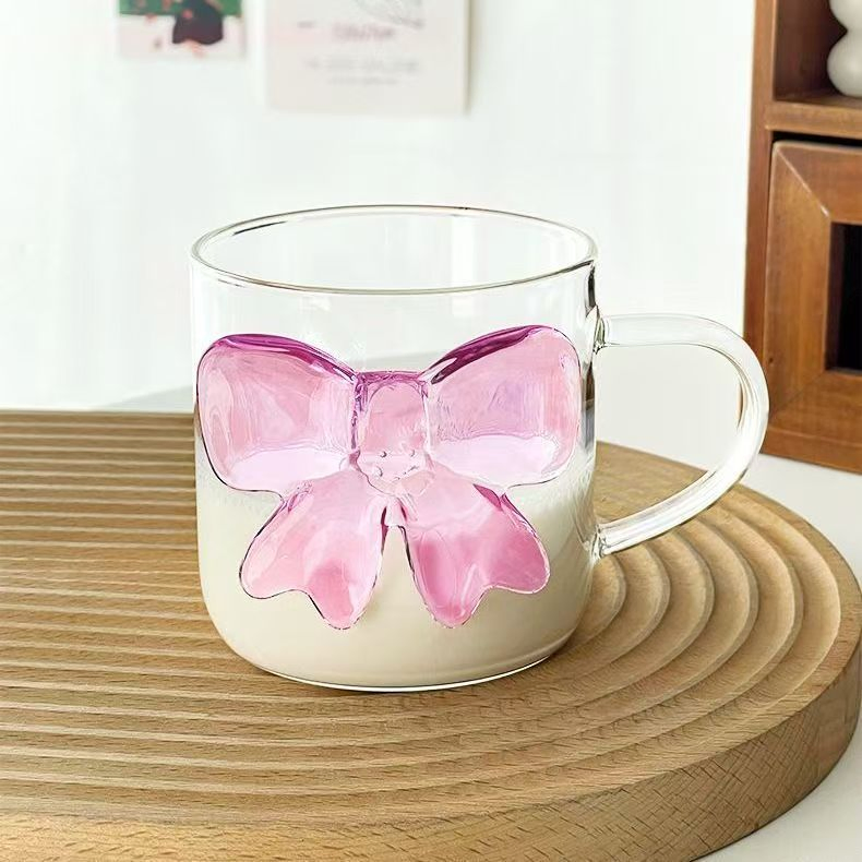 Factory Price Customized Heat Resistant Hand Blown 3D Bow Glass Coffee Cup Tea Cup with Handle