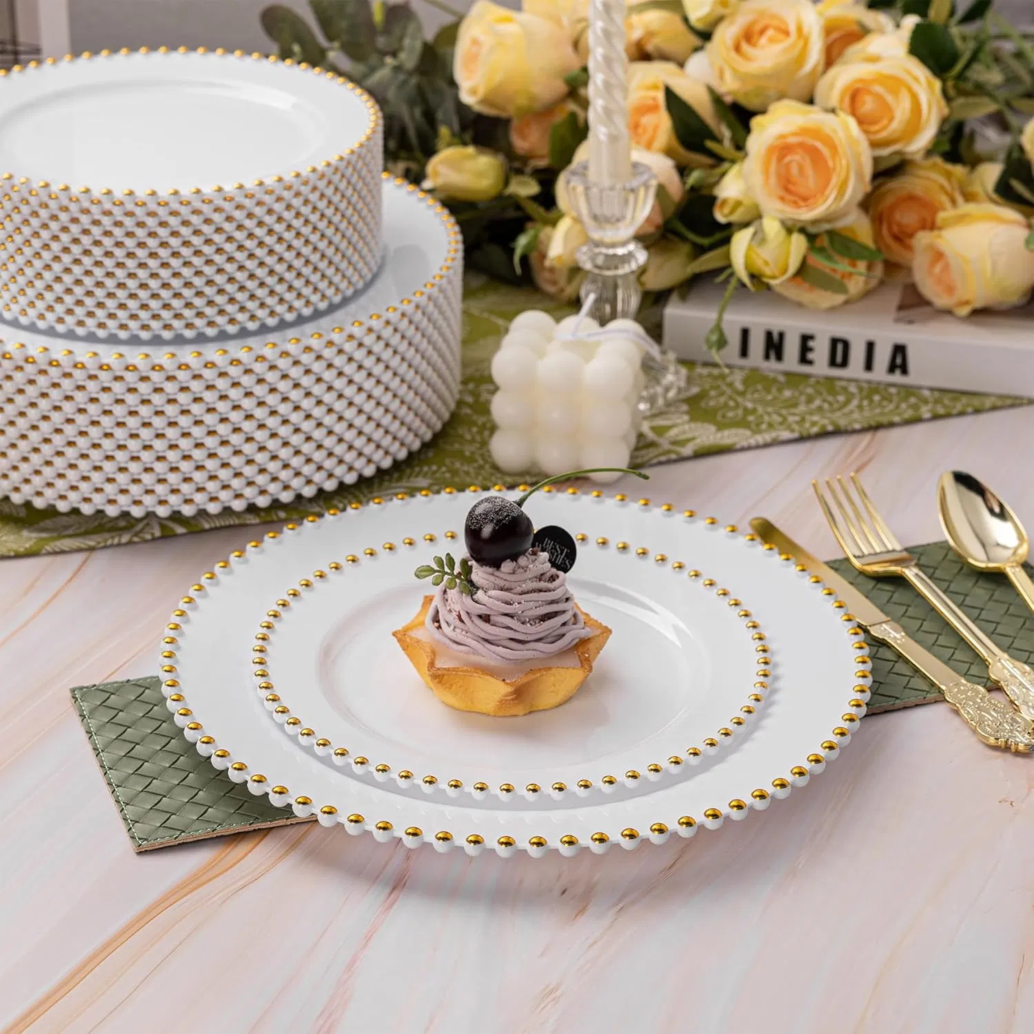 Premium Plastic Dinnerware Set with Gold and White Beaded Design