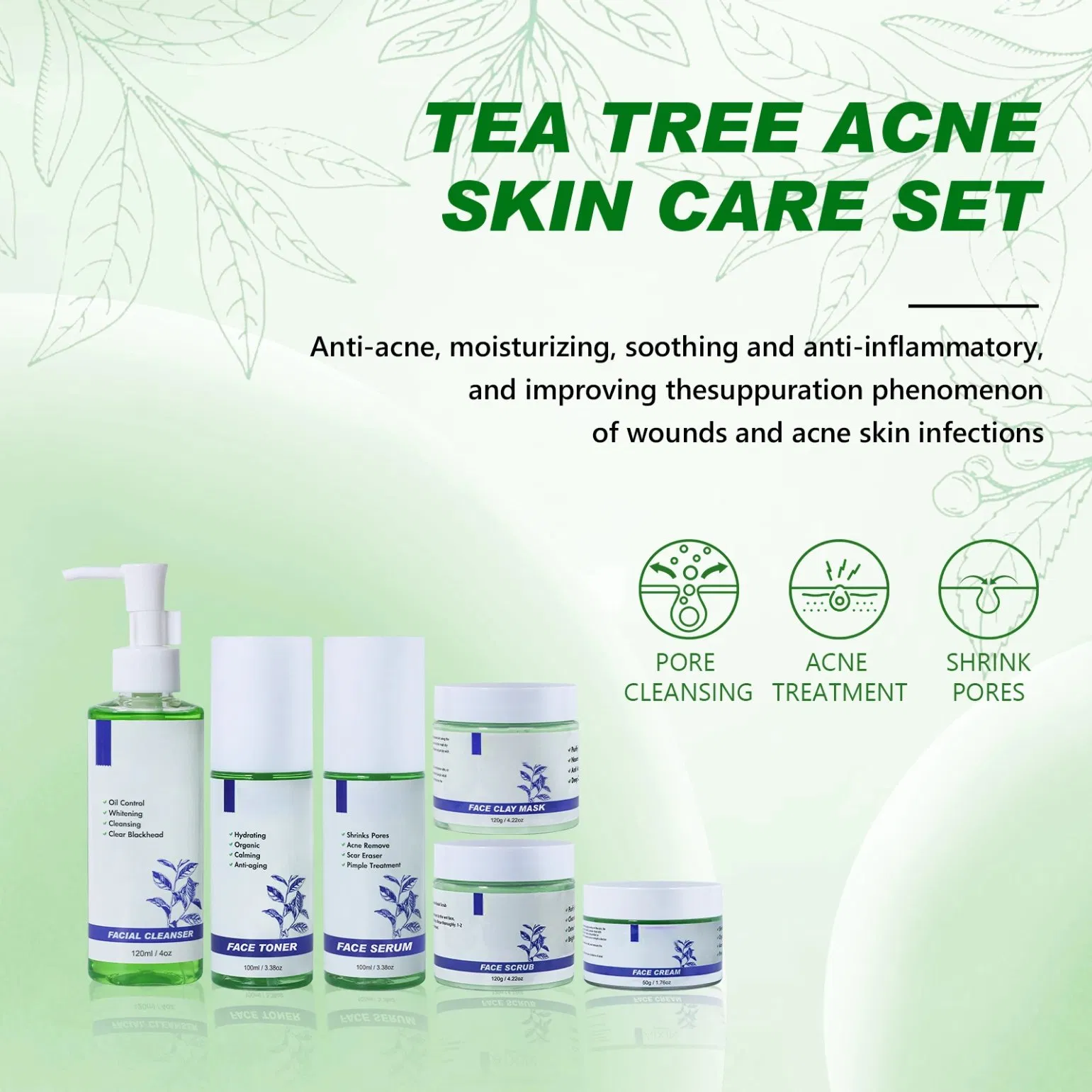 Face Care Set Whitening Tea Tree Acne Set Moisturizing Tea Tree Shrink Pores Skin Care Kit