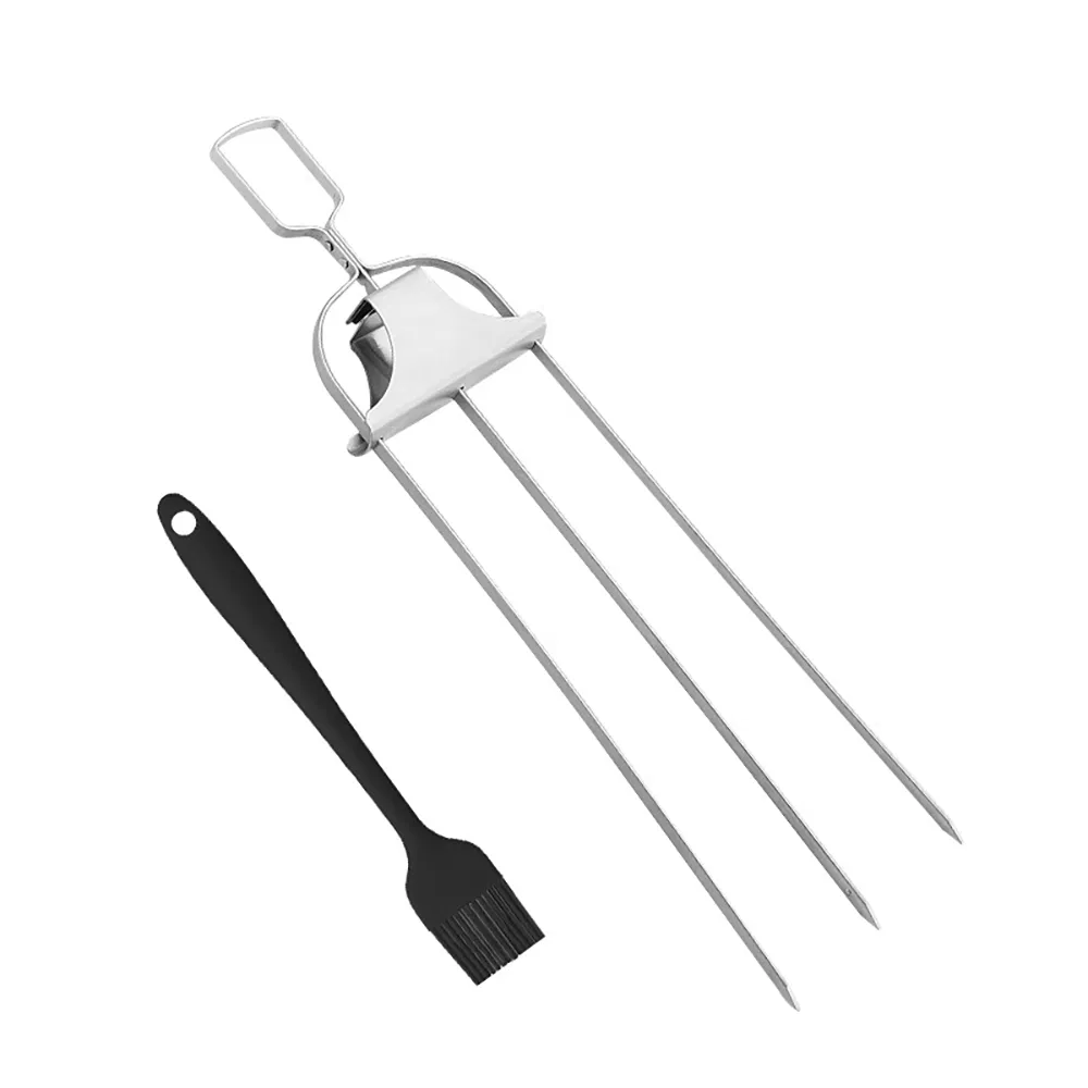 Stainless Steel 3-Way Barbecue Skewers Long Grill Fork with Brush Esg30126