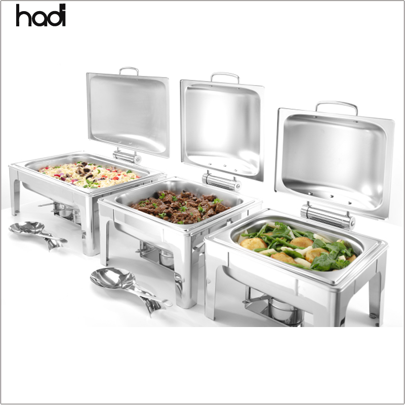 Guangzhou Hadi Restaurant and Hotel Supply Stainless Steel Chafing Dish Food Warmers 6 Liter Chef Serving Dishes Silver Sqaure Hydraulic Chafing Dish Roll Top