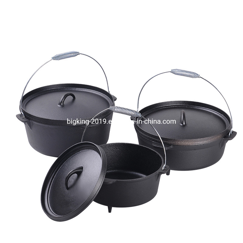 Pre-Seasoned Cast Iron Dutch Oven with Flanged Lid Iron Cover, for Campfire or Fireplace Cooking, Flat Bottom 6-Quart