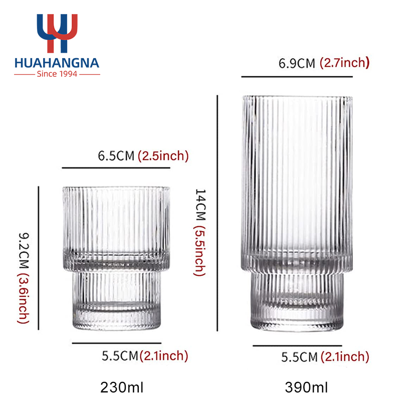 230ml 390ml Stackable Ripple Drinking Glassware Vintage Ribbed Water Cocktail Glasses for Beer Juice