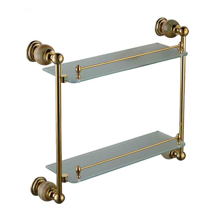 Luxury European Style Brass Plating Gold Jade Marble Bathroom Tempered Glass Storage Rack