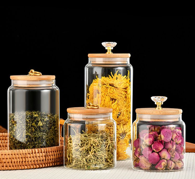Airtight Storage for Food and Accessories Round Glass Jar with Wooden Lid