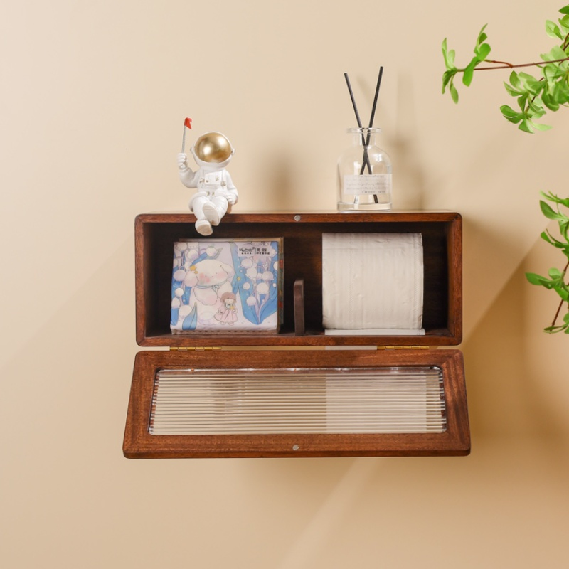 Wooden Storage Box Doubling as Kitchen Tissue and Toilet Paper Roll Dispenser
