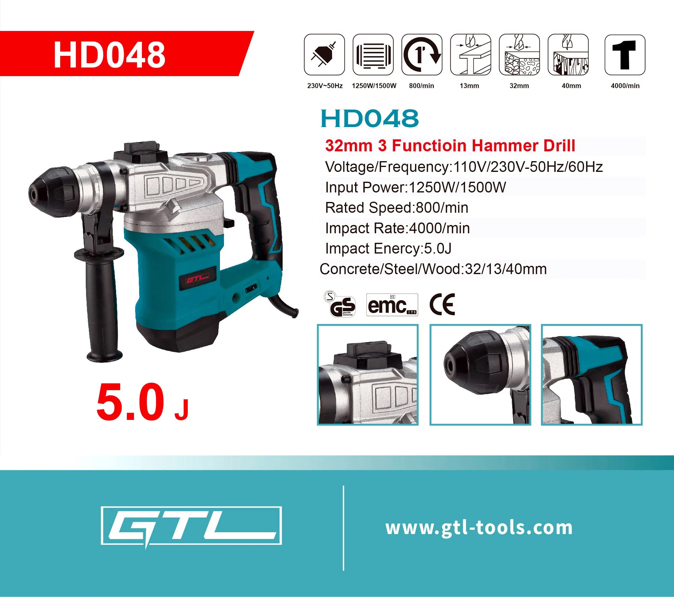 Power Tools Rotary 1250W 32mm 3 Function Hammer Drill with High Quality (HD048)