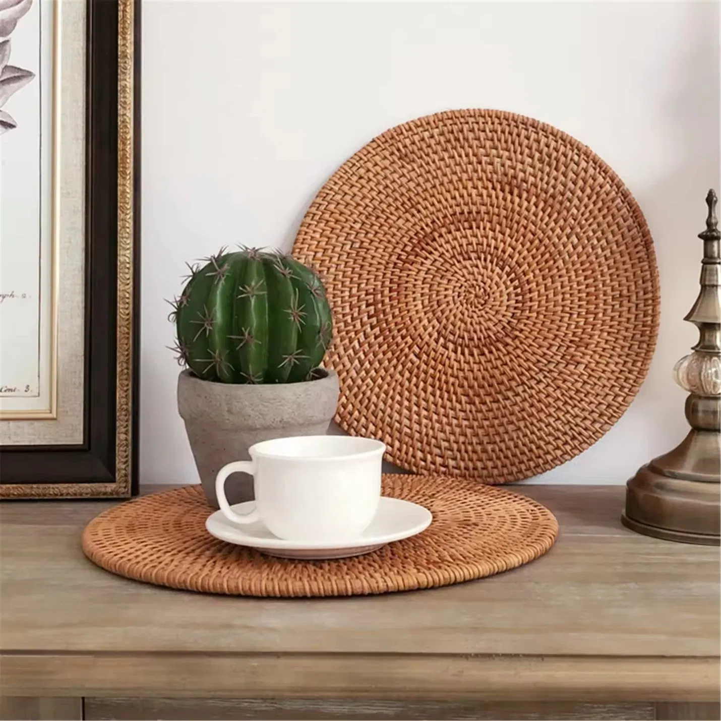 Outdoorlling Placemats Rattan Circle Round Placemat Kitchen Dinnerware Decorative Plate Table Dish Pad Hand Weavpe Contemporary