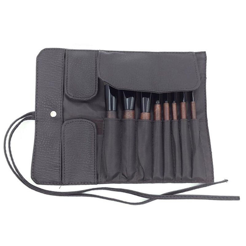 High Quality Wood Cosmetic Brush Set with PU Pouch