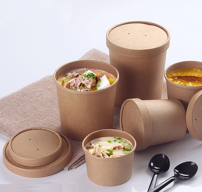 Custom Print 8oz 12oz 16oz 26oz 32oz Disposal Food White Brown Kraft Paper Soup Bowl with Paper Lid