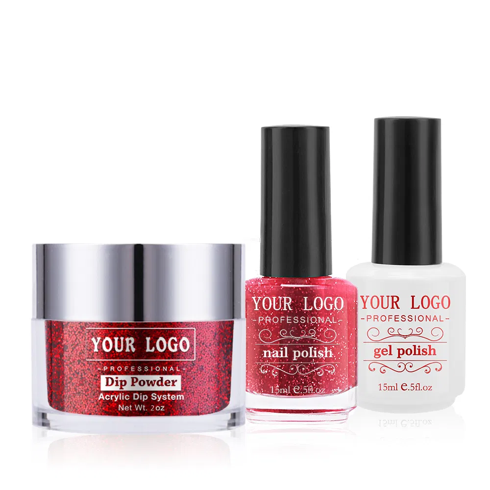 Red Color Glitter Nail Dipping Powder Match Gel Polish and Nail Lacquer