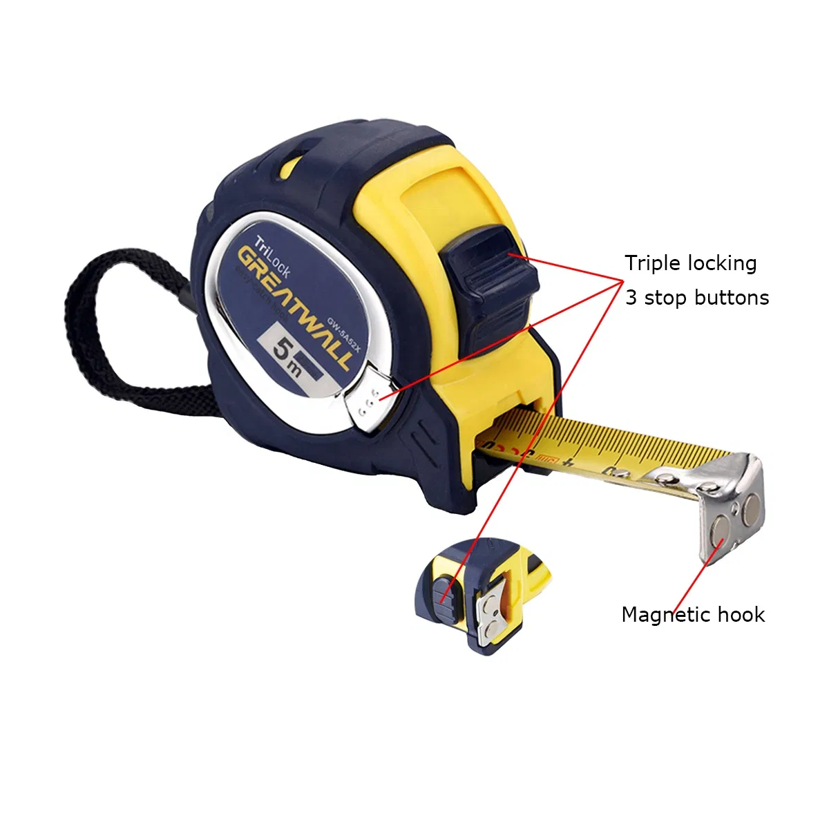 Рулетка измерительная Great Wall 3-Way-Lock с резиновым покрытием